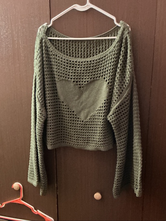 Cider Sweaters - Cider Olive Green Crochet Heart Open-Knit Sweater